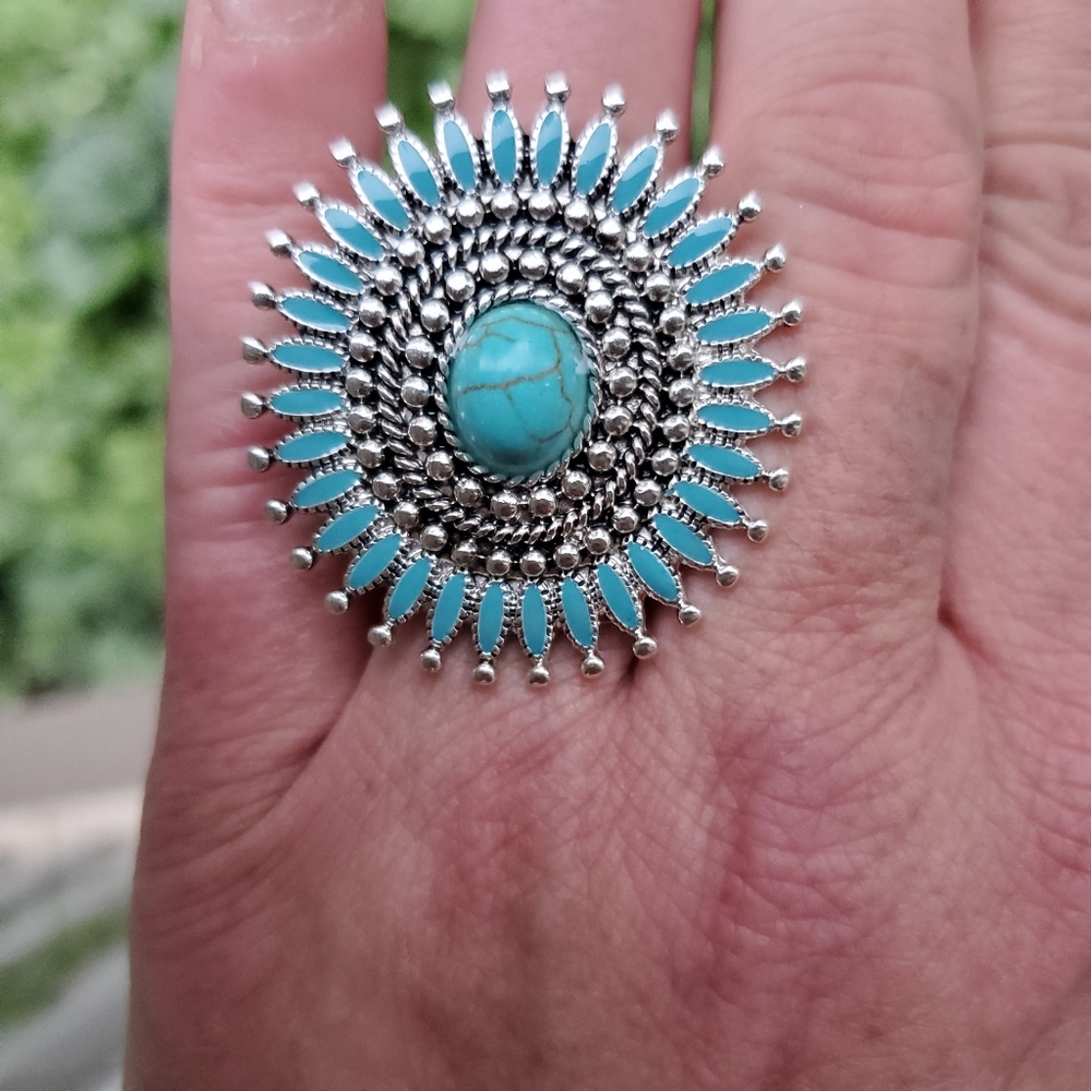 Free Spirit Boho Hippie People Turquoise beaded SUNBURST ornate ring